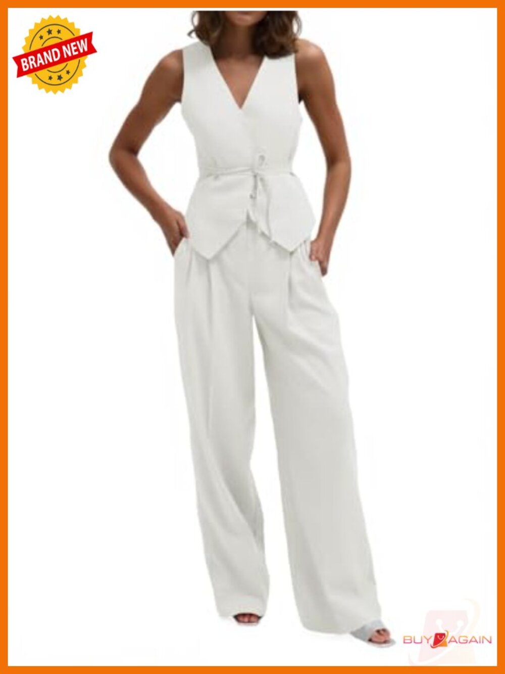 2 Piece Outfit Vest and Wide Leg Pants Set Tie Waist Sleeveless Business Casual